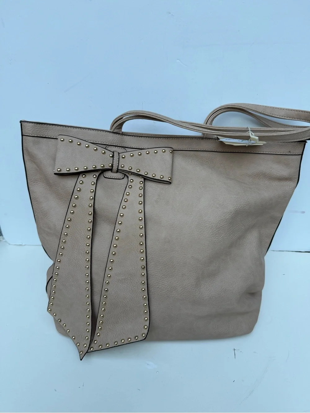 NWT Handbag Republic Studded Bow Tote Bag Beige Vegan Leather Bird Print Lining